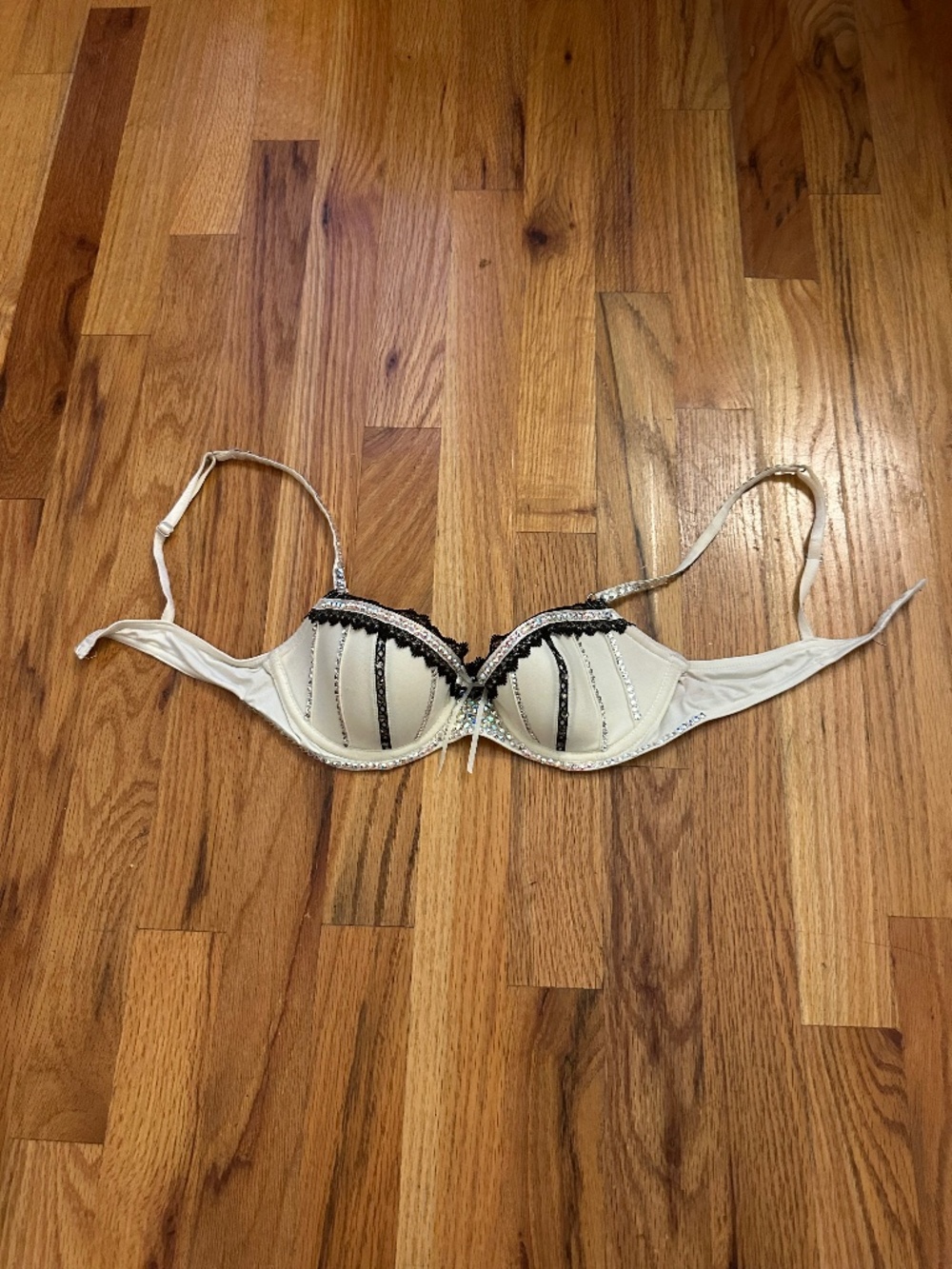 candie’s Intimates 34A Custom Hand Rhinestoned White Black Bra Angel Costume